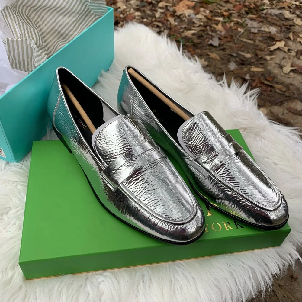 Kate Spade Silver Genevieve Silver Loafers for Women Size 10